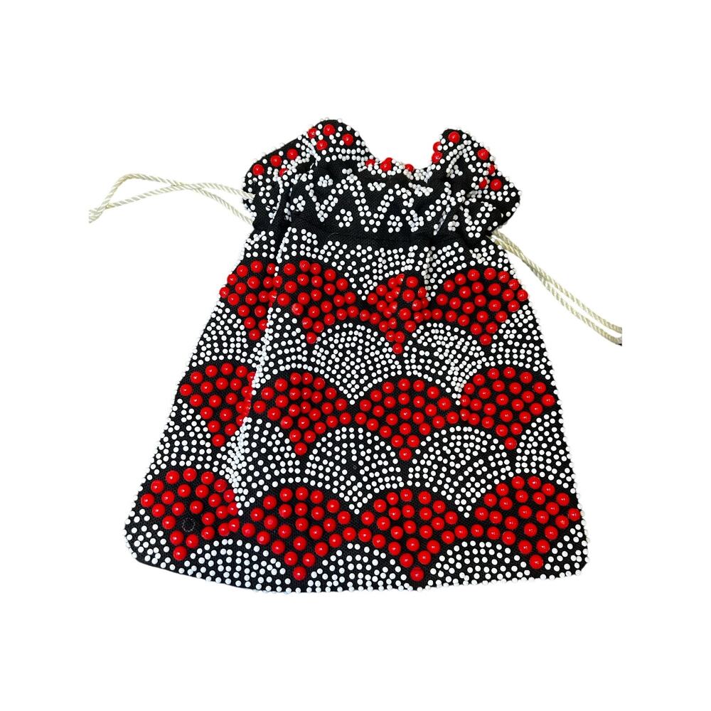 Vintage Beaded Drawstring Bag Red Black White Boho Statement Purse